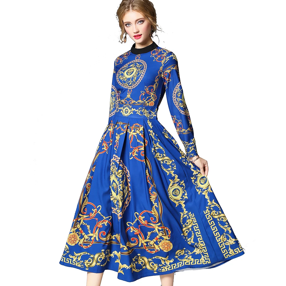 European and American Women Fashion Color Block O Neck Long Sleeve Retro Pattern Print Long Sleeve Long Blue Dress