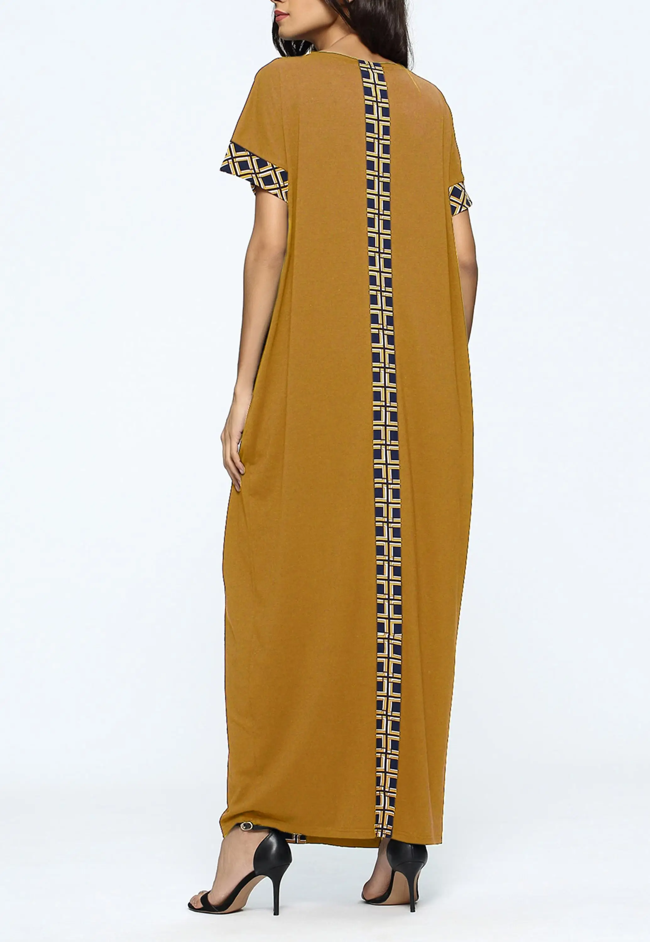 Pakistani Ladies Kurta Designs Indian Cotton Print Kaftan Long Dress Women O-neck Short Sleeve Straight Maxi Dress hsk2125