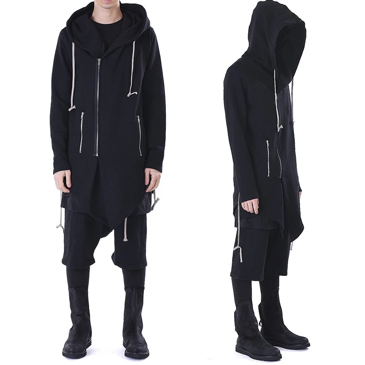 Big Hood Dark Incense Overlong Extended Basic Asymmetric Zipped Fishtail Hoodie