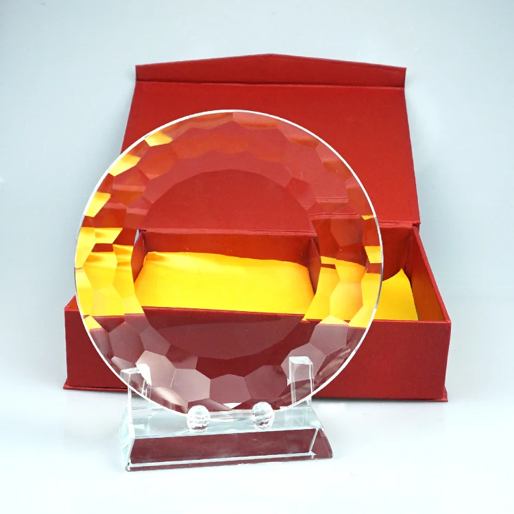 Round crystal trophy in plate shape for Sandblasting