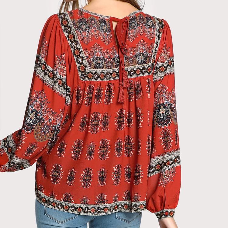 Multi Print Sheer Balloon Sleeve Fringe Strap Back Tie Peasant Blouse Women