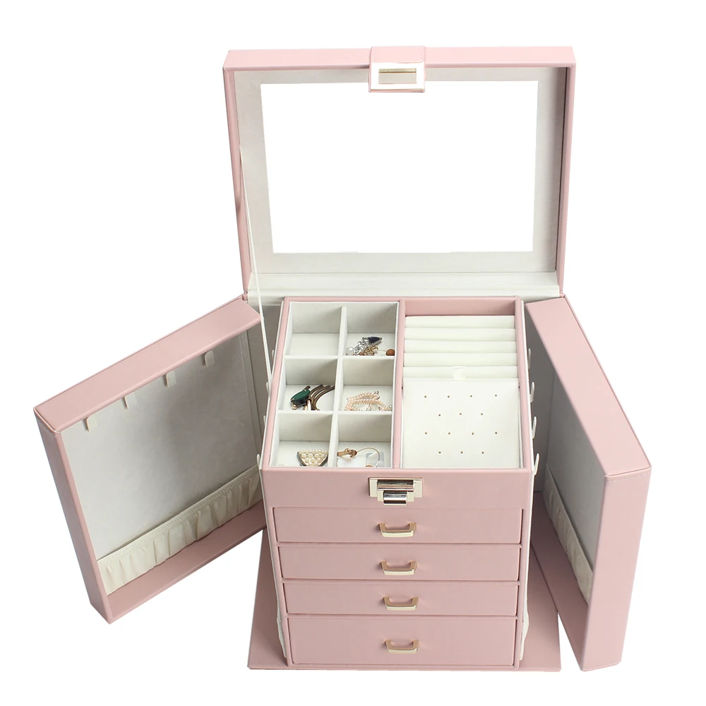 Luxury wholesale custom logo tall jewelry made blue pink gift storage leather big large jewellery box case