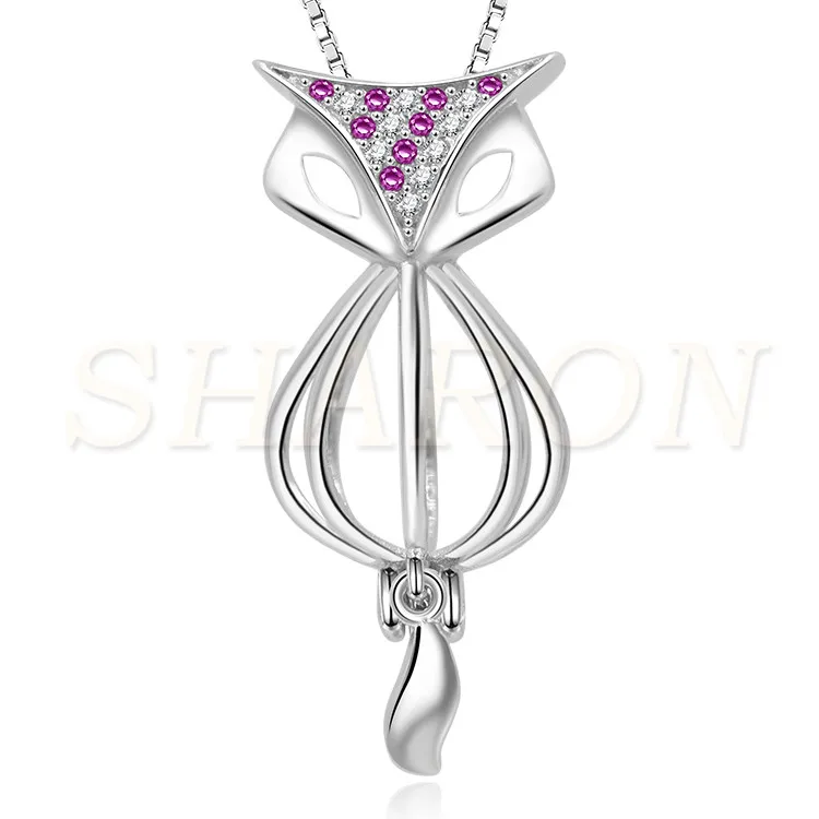 Romantic Charming Women Crystal Fox Pearl Sterling Silver Cage Pendant