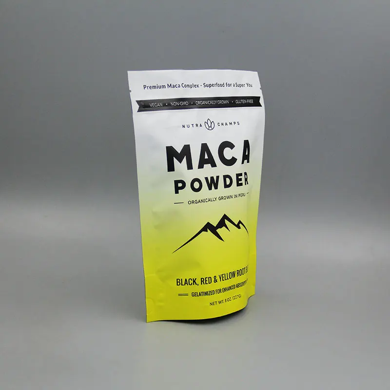 custom printed plastic bag jerky 8oz maca powder 227g black red yellow root blend mylar packaging food nuts stand up pouch