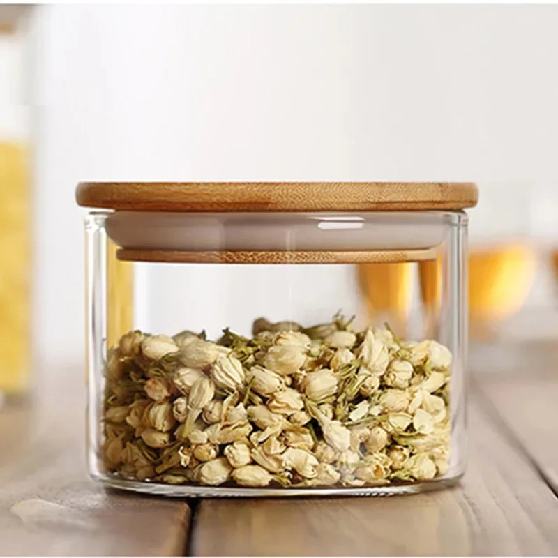 Small clear candy glass canisters with sealing ring,glass jar with bamboo lid GSJ-074Z