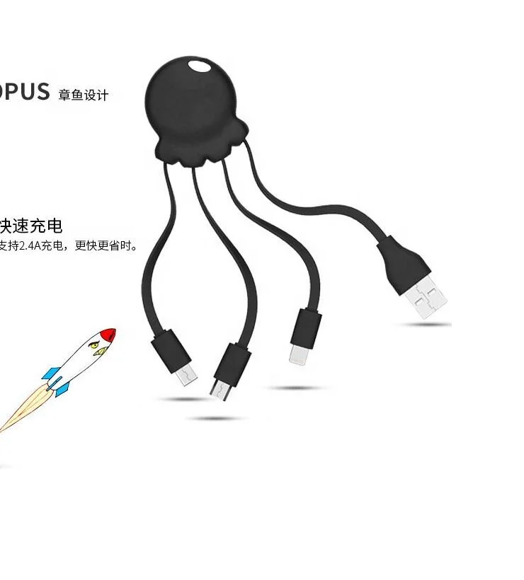 
Octopus Design TPE Flat Power Bank 3 in 1 USB Mobile Phone Multi Charging Cable USB Micro Type C 8 Pin 