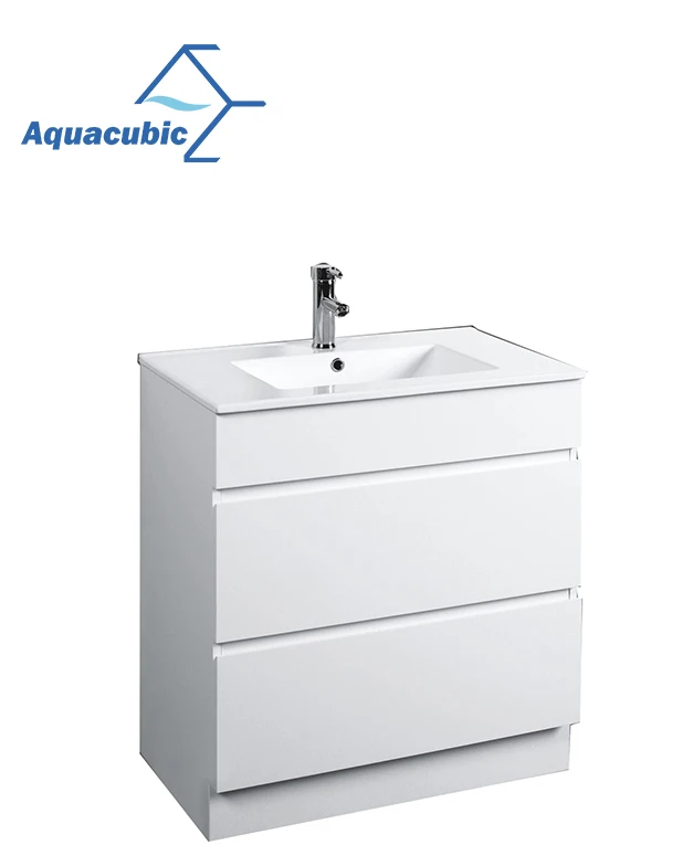 Aquacubic популярная Двойная чаша MDF ПВХ белая мебель для ванной комнаты шкафчик с керамической раковиной