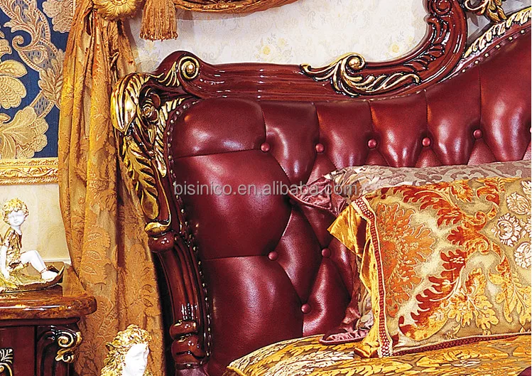 Antique Classic Red Color Solid Wood Wedding King Size Bed, Wedding Bedroom Furniture(MOQ=1 SET)