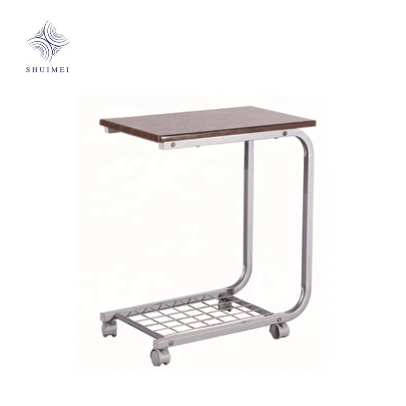 Metal End Table Sofa Side Table adjustable Castor, Wooden Top Metal Base for Living Room coffee table