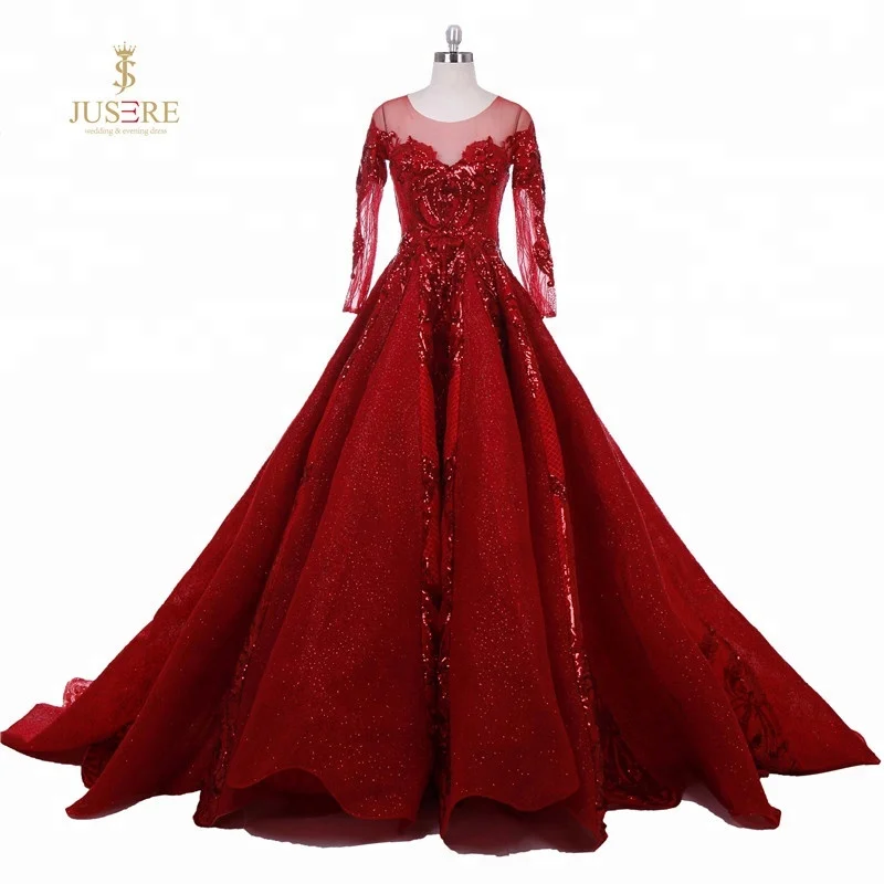 French Luxury Red Beaded Blingbling Long Sleeve muslin Evening Dress