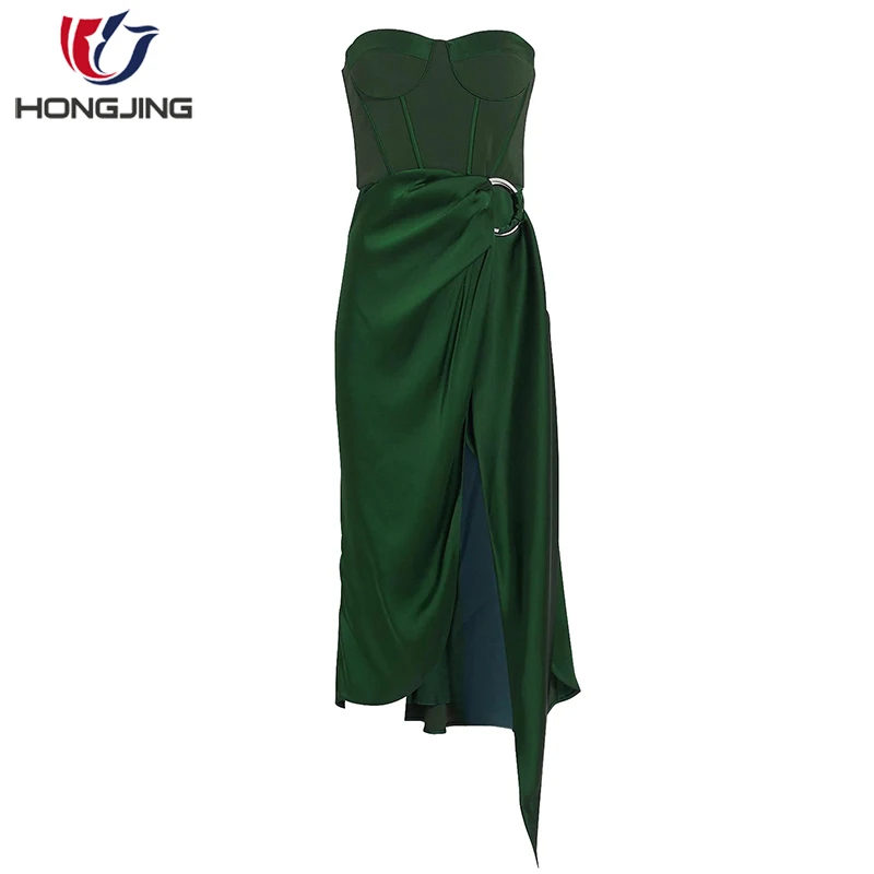 women sweet heart-neckline Strapless Bustier Asymmetric DressStrapless Corset styling boning Front slit sleeveless party dress