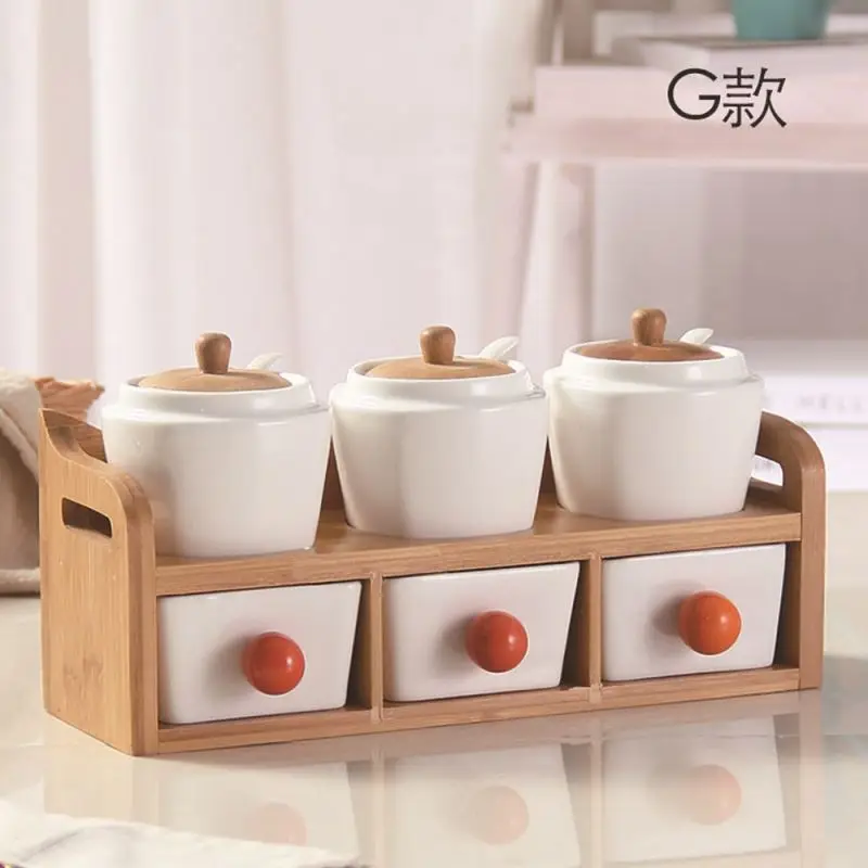  Кухонные аксессуары для приправ керамическая многокамерная банка специй с деревянной крышкой и подставкой