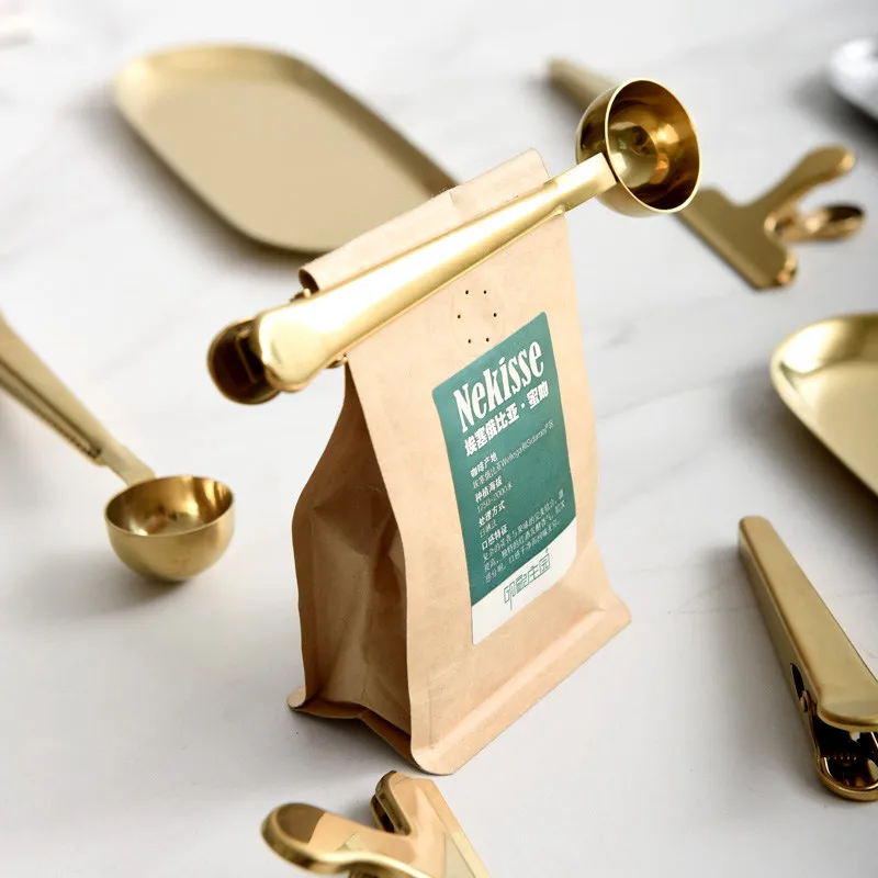 Gold stainless steel Spoon Scoop with Bag Measuring Clip coffee spoon
