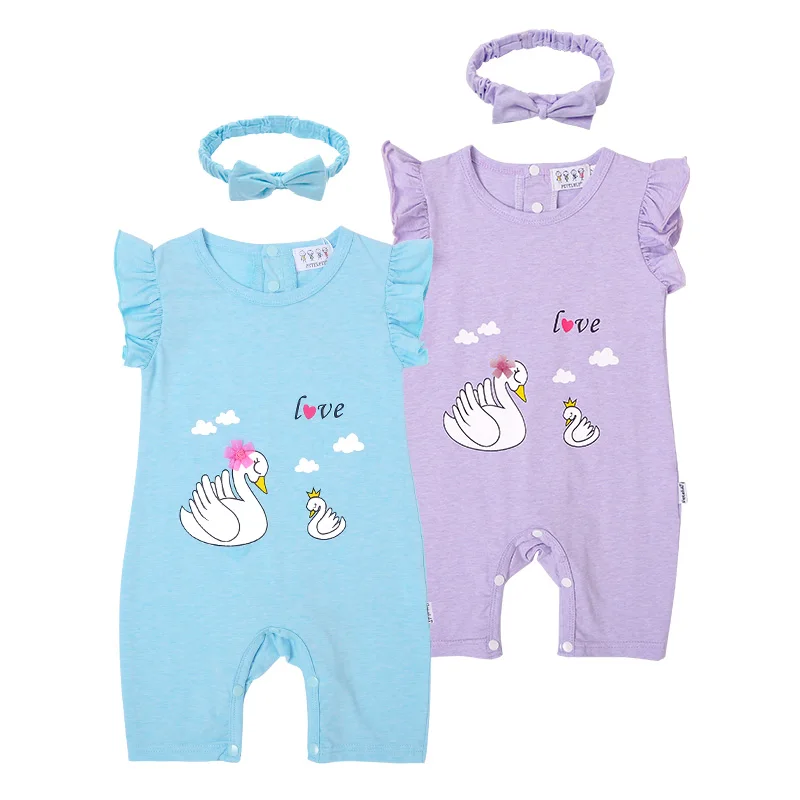 Purple girls garment with ruffles sleeve lovely swan pattern baby clothes