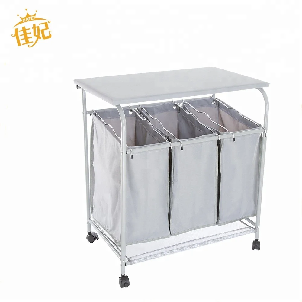 2019 high quality 3 compartment wheeled laundry hamper sorter with lids
