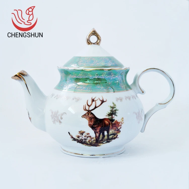 10 Inch Green Gold Leaf Elk Ceramic Teapot