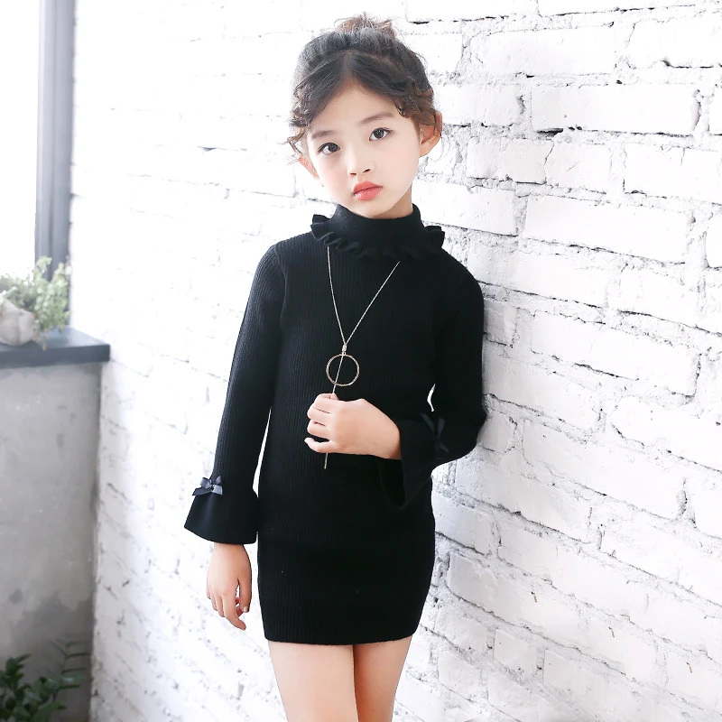 
Girls autumn turtle crew neck bow long flare sleeve knitwear pullover sweater 
