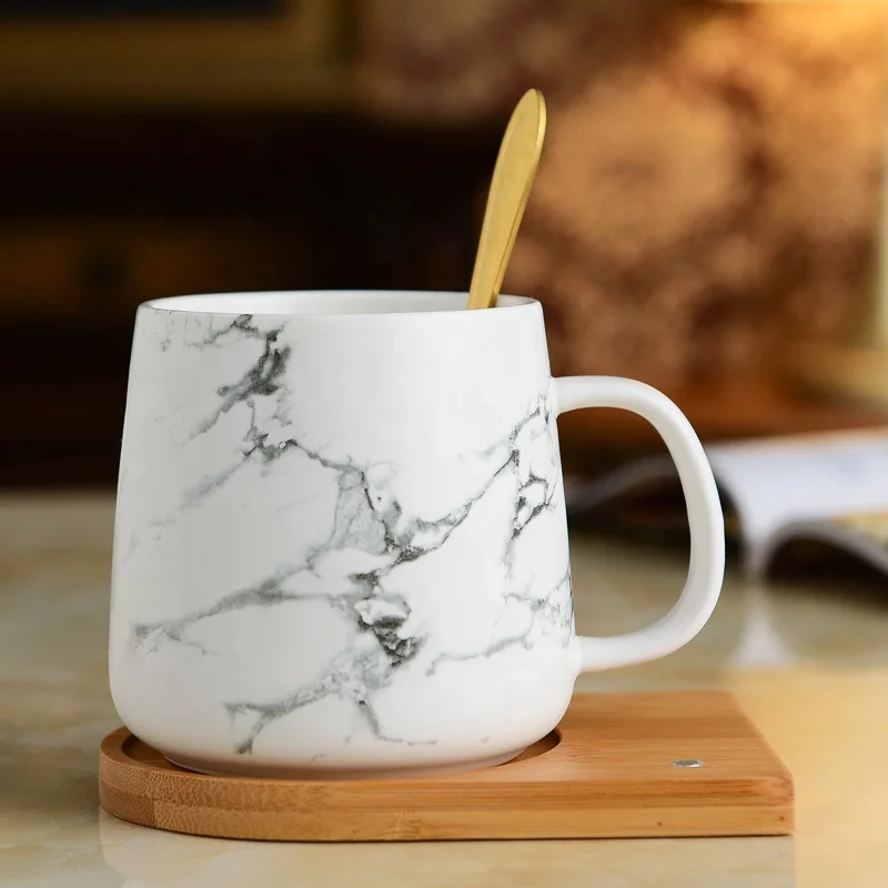 Nordic ceramic marble mugs custom printing porcelain tea mug with wooden lid