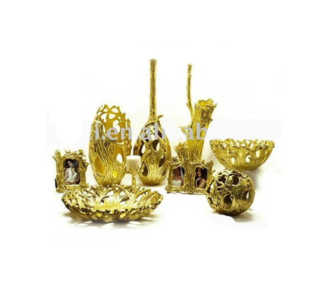 Resin Tree Root Shape Golden Luxury Tabletop Decorative Sets Including Vase Bowl Candle Holder
