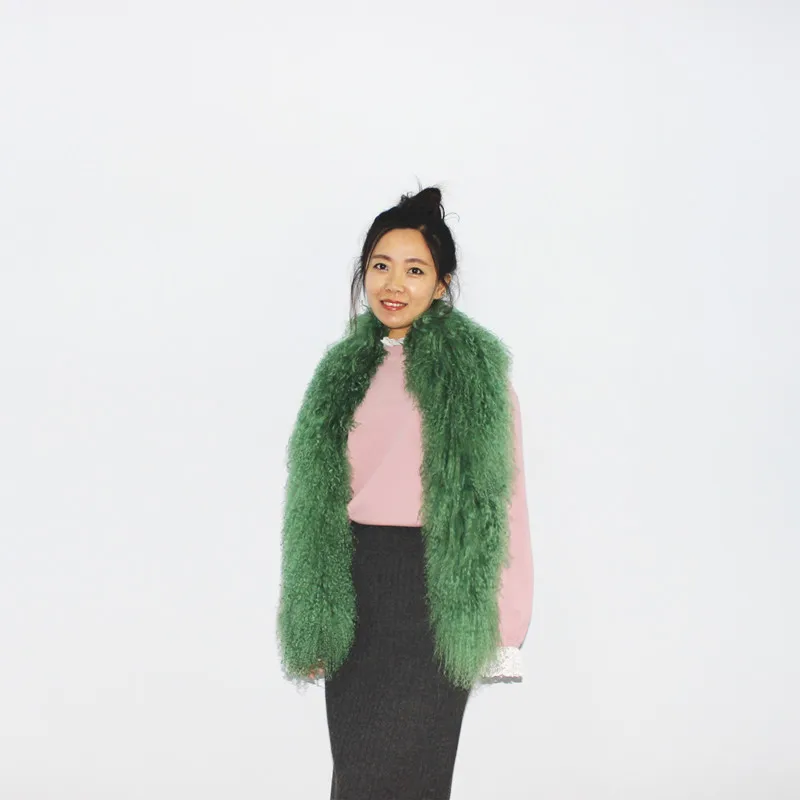 Real Green women leather scarf furry real mongolian fur scarf
