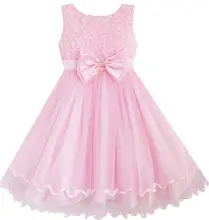 Flower Girl Dress Pink Rose Bow Tie Belt Wedding Birthday Party Kids Clothes 2016 Summer Princess Dresses Size 2-10 Pageant