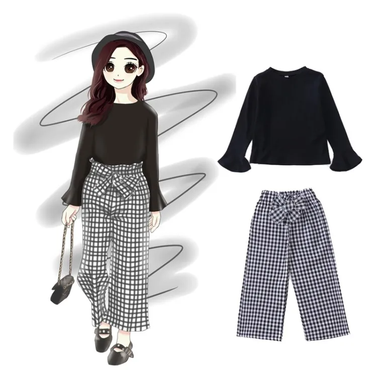 Hao Baby Han Edition Plaid Pants Cuhk Virgin Girls Wide-legged Pants Fall Fashion Leisure Suit Children Clothes Girls