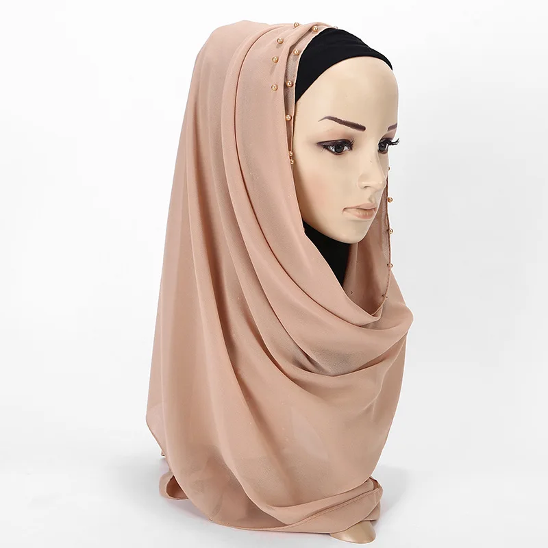 20 colors maxi pearl hijabs islamic head wraps long muslim beads chiffon plain hijab scarf