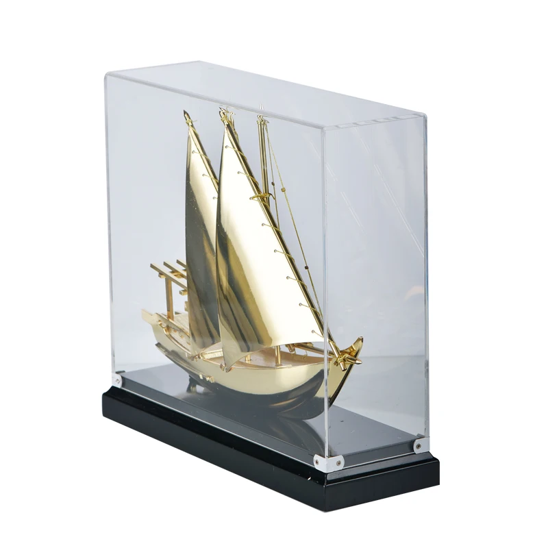 Antique Metal Golden Plated Ship Boat Model In Acrylic Box For Souvenir Gifts