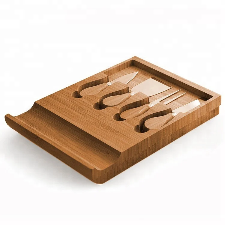 
 Набор из бамбуковой сырной доски со встроенным выдвижным ящиком и 4 специализированными ножами для сыра  