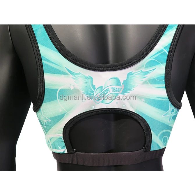 Mamrewear teal cheer uniforms,sublimation cheer short and cheer padded sports bra with hole in back