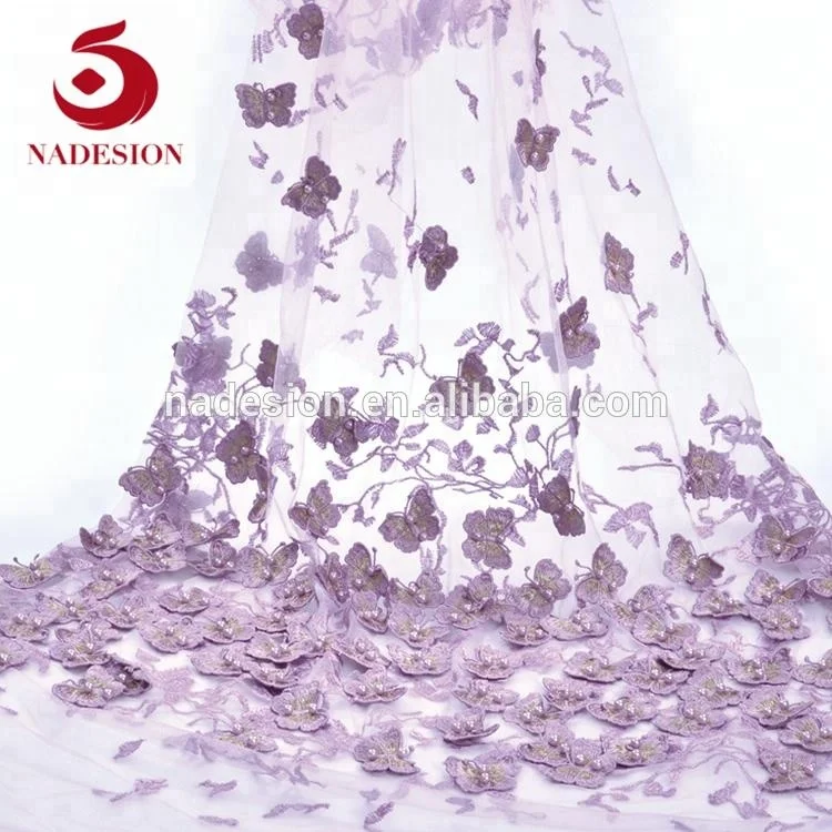 Factory directly sales luxury 3d purple butterfly lace fabric