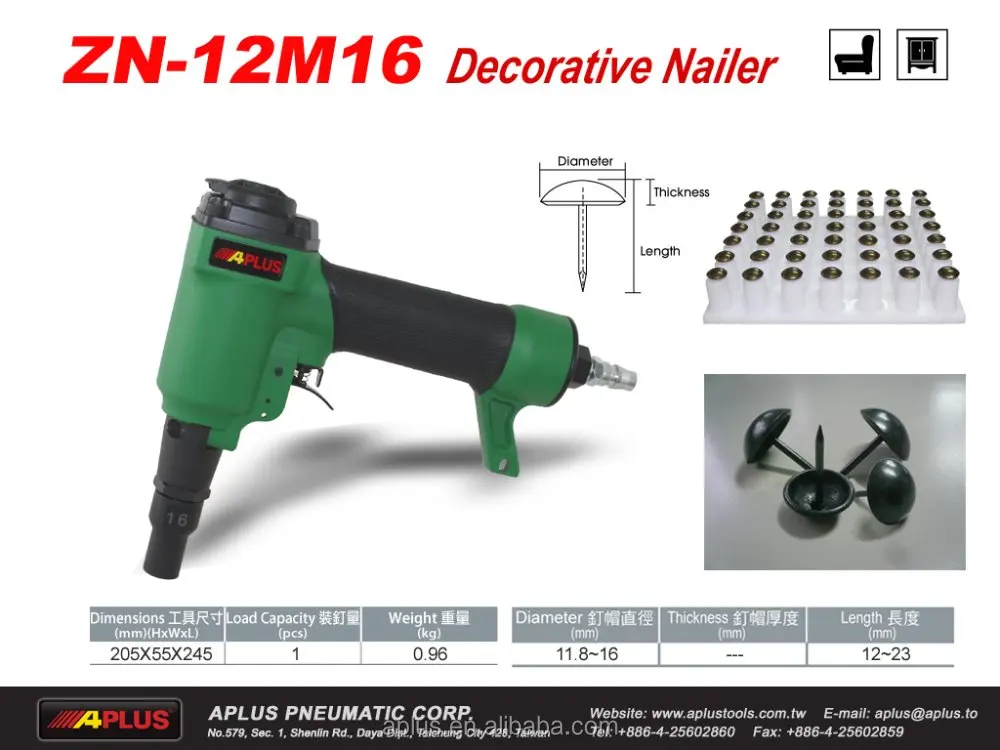 APLUS ZN-12B, air decorative nailer for sofa loading by loss nail, it can automatic feed. control auto feed speed by air.