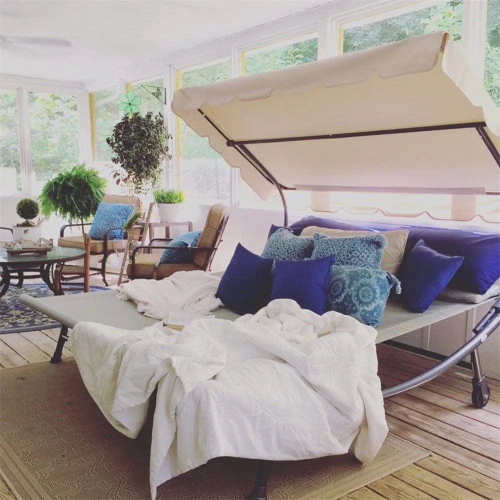 Outsunny Double Chaise Lounge Hammock Sunbed with Canopy Stand - Light Grey