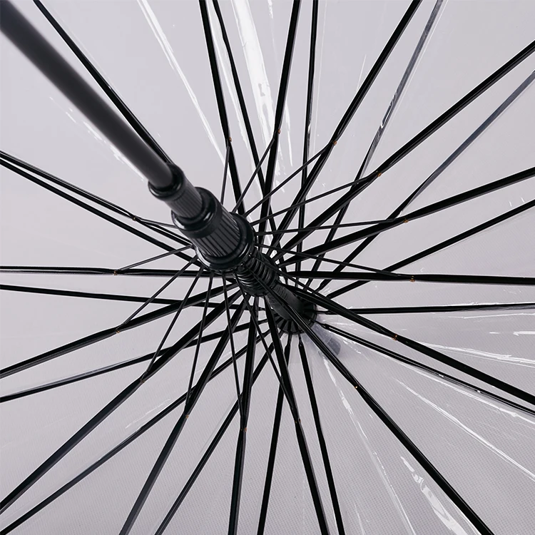 Wholesale Promotional Custom Metal Shaft J Handle 23Inch 16K Automatic Open Pvc Clear Transparent Umbrella