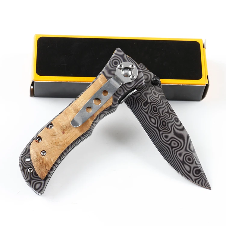 
Wooden handle folding pocket knife EDC knife with Damascus laser pattern surface 