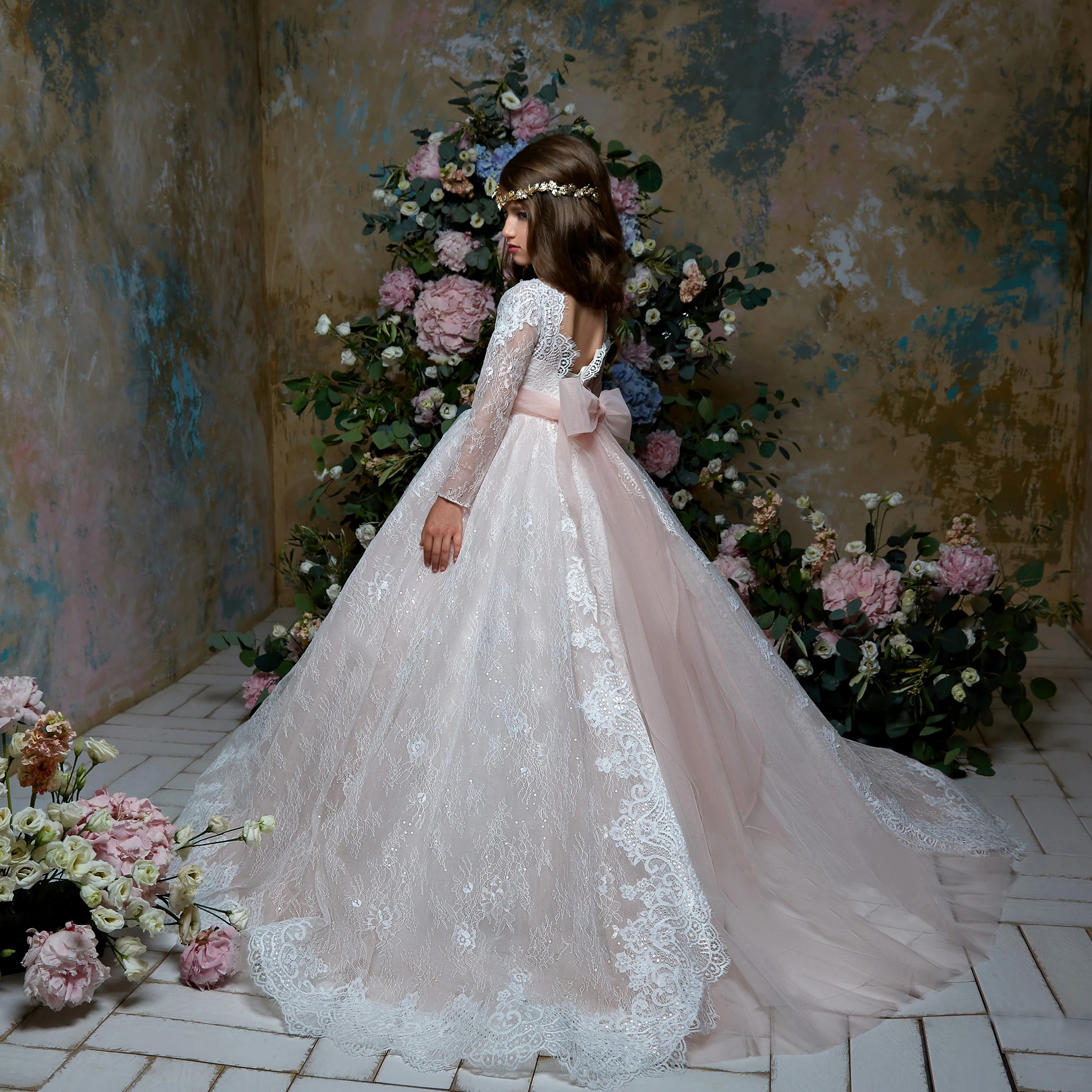 Lace Puffy Flower Girl Dress for Weddings Tulle Ball Gown Girl Party Communion Dress Pageant Gown