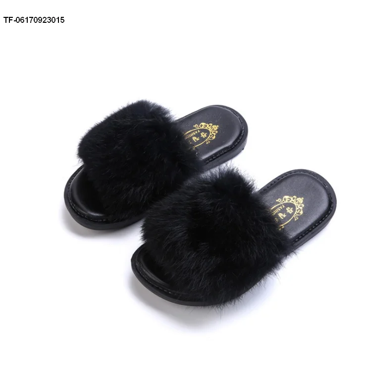 2017 children girls skid resistance fluffy fur slipper TPR shoe sole slip on out shoes