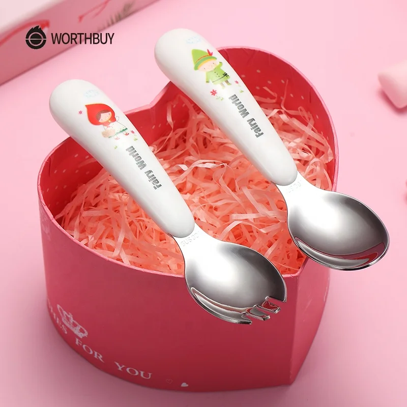 WORTHBUY Cute Cartoon Cutlery Set For Kids 304 Stainless Steel Tableware Plastic Handle Fork Spoon Dinnerware Kitchen Dinner Set