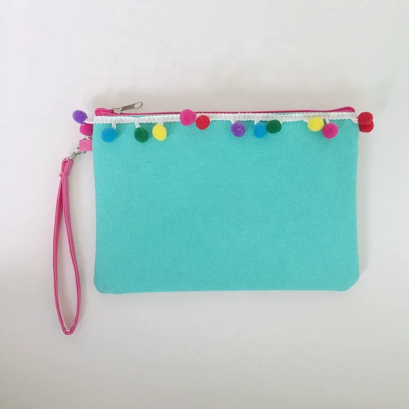 Hot selling canvas monogram good quality pom pom makeup bag cosmetic women clutch