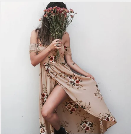 Boho style long dress women Off shoulder beach summer dresses Floral print Vintage chiffon white maxi dress vestidos de festa