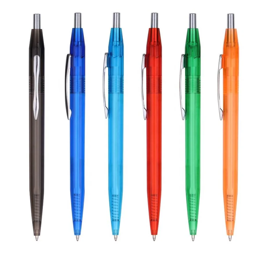 simple design slim transparent colored barrel push action plastic promotional pen with company logo