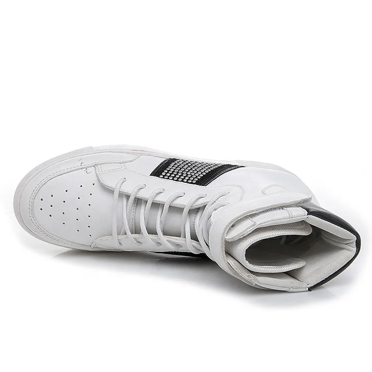 2019 ladies sport shoes high top fashion sneakers women studded boot lace up PU casual flats white black