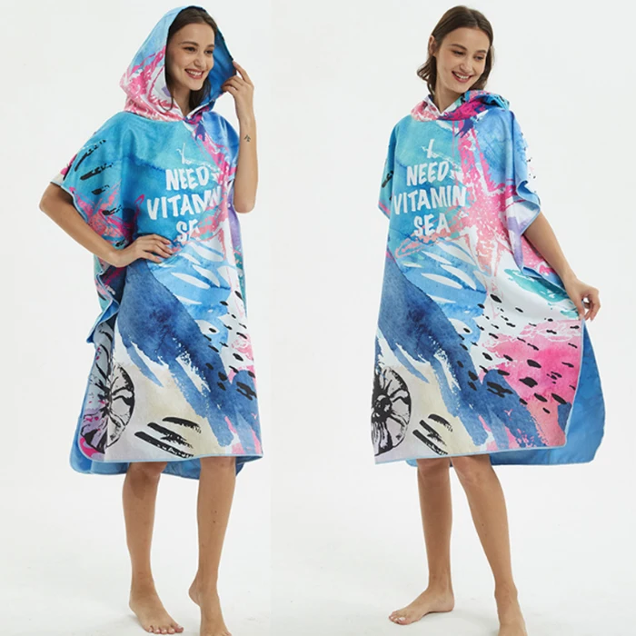 Quick dry lightweight compact print adult hooded microfiber beach towel beach poncho towel