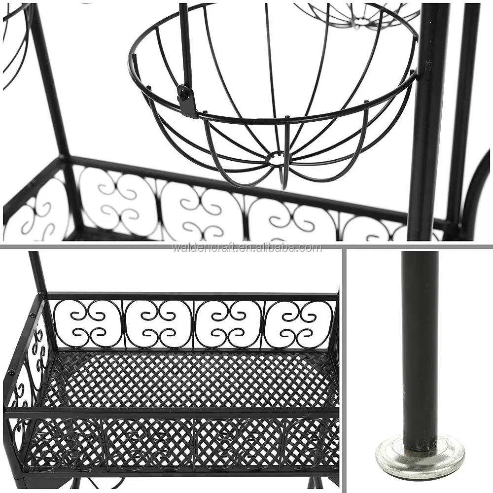 Large black metal freestanding scrollwork french trolley cart plant stand with hanging flower pot baskets