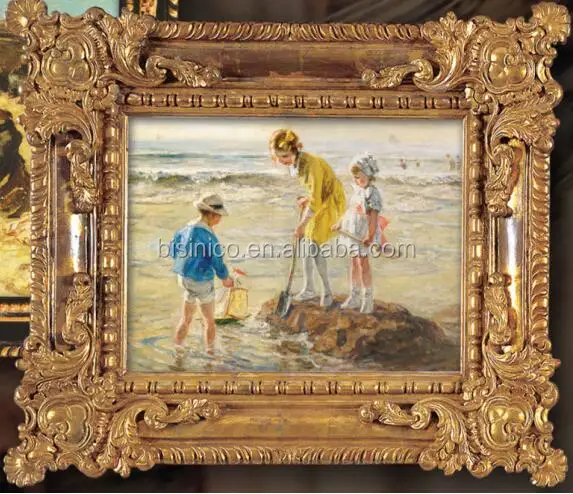 Antique Arts & Crafts Picture Frame Carved Giltwood Oil Painting, Home Decor Art