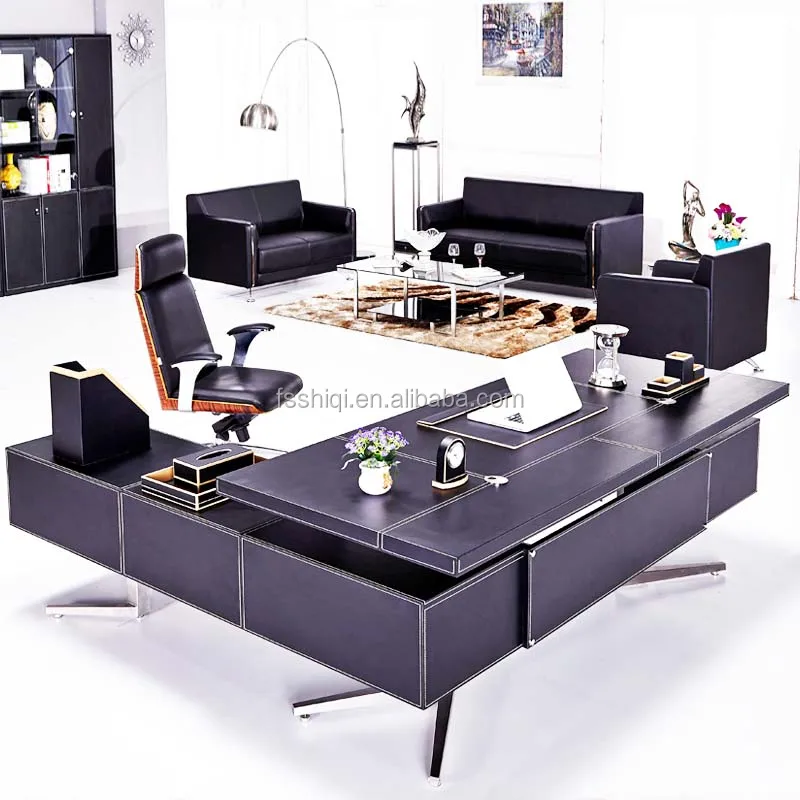 Office furniture modern L-Shaped leather table with drawer cabinet ,office executive desk