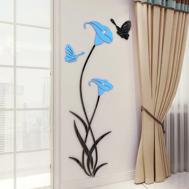 Beautiful  colorful lily flower butterfly vinyl  wall stickers for living room decor