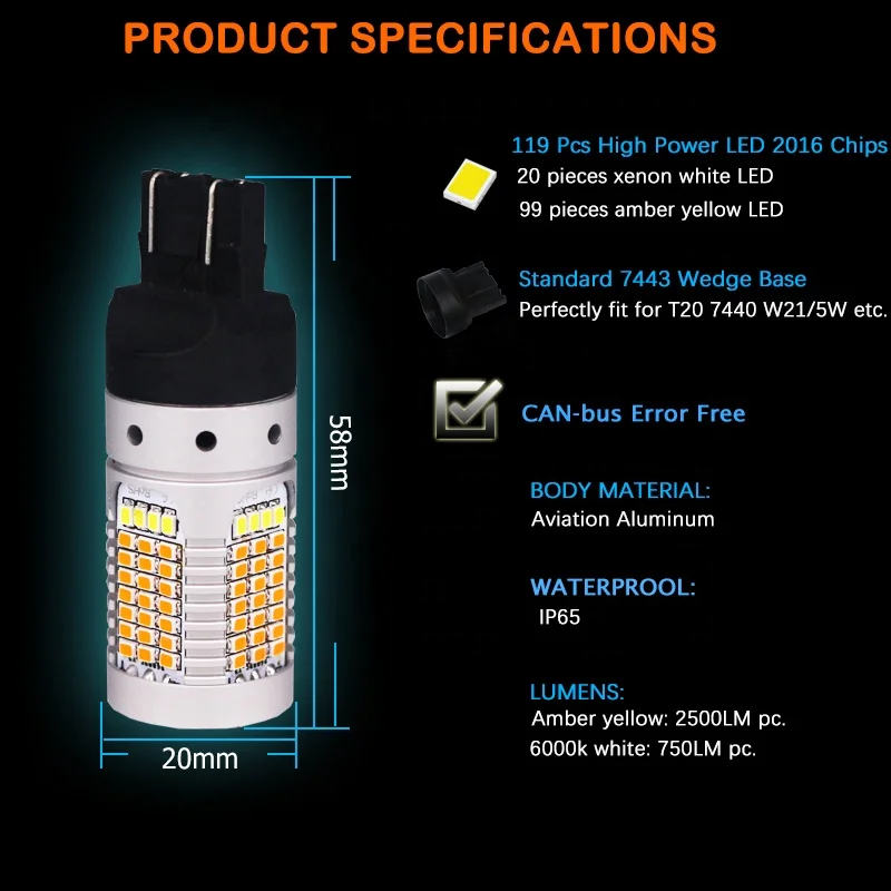 
No Hyper Flash Wholesale 7443 W21/5W T20 LED switchback white/amber LED dual color DRL turn signal light 