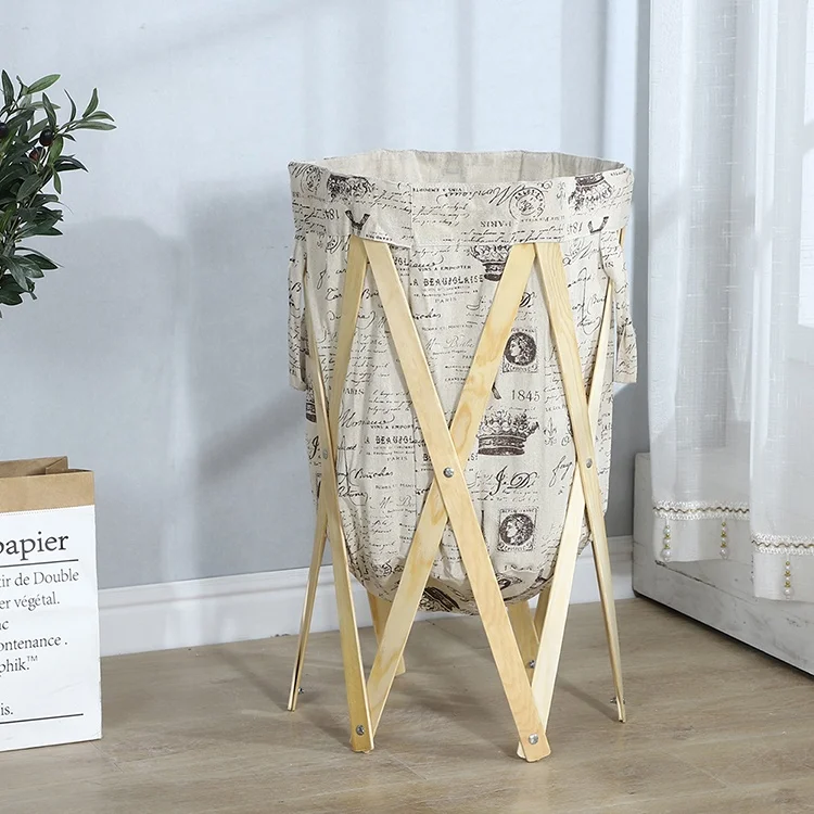 
cotton canvas clothes folding wood frame laundry basket with handle 