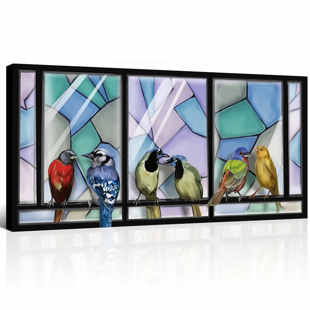 Large Bird Wall Art for Living Room on Fake Glass Window Original Artwork Romantic Animal Family Wall Decor